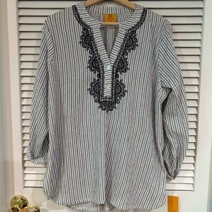 Ruby Rd. Gray and White Striped Blouse with Black Lace,NWT
